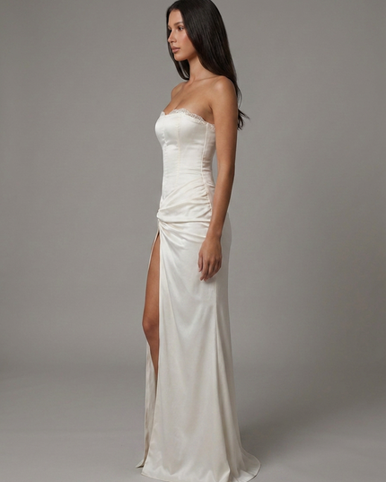 Women's White Satin V-Neck Summer Wedding Guest Maxi Dress