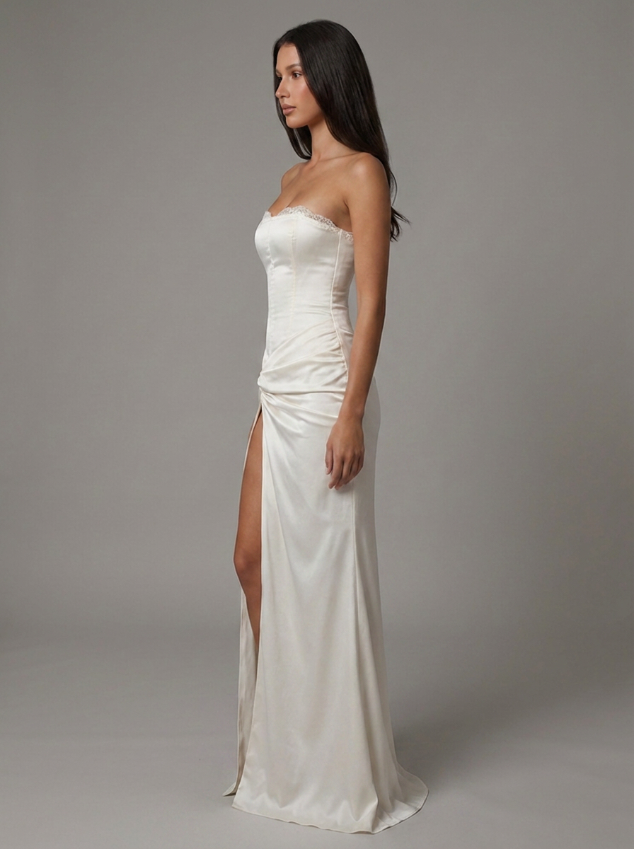 Women's White Satin V-Neck Summer Wedding Guest Maxi Dress