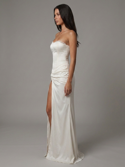Women's White Satin V-Neck Summer Wedding Guest Maxi Dress