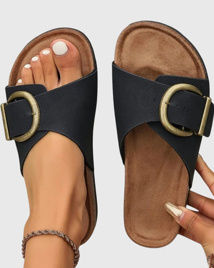 Women's Wide-Strap Slides with an Oversized Buckle