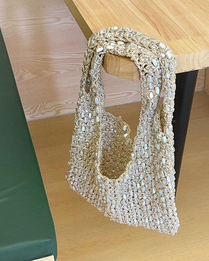 Women's Woven Shoulder Bag with Ivory Shell Detailing