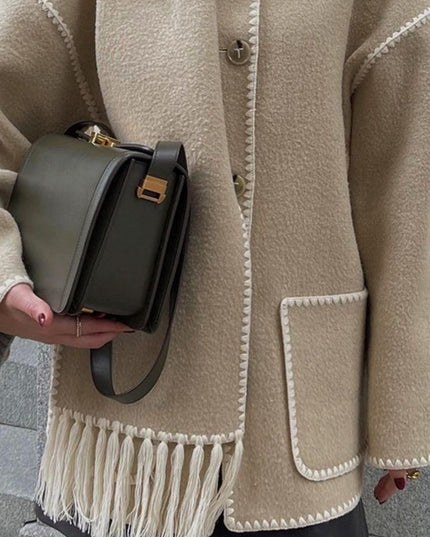 Women's Wrap-Collar Cape Coat with Fringed Trim