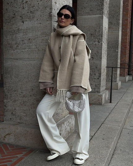 Women's Wrap-Collar Cape Coat with Fringed Trim