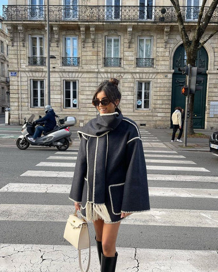 Women's Wrap-Collar Cape Coat with Fringed Trim