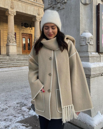 Women's Wrap-Collar Cape Coat with Fringed Trim