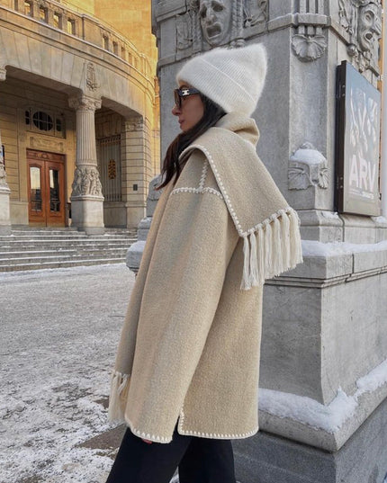Women's Wrap-Collar Cape Coat with Fringed Trim