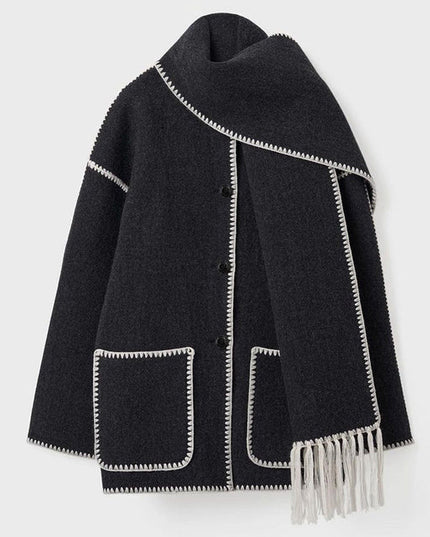 Women's Wrap-Collar Cape Coat with Fringed Trim