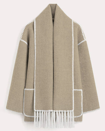 Women's Wrap-Collar Cape Coat with Fringed Trim