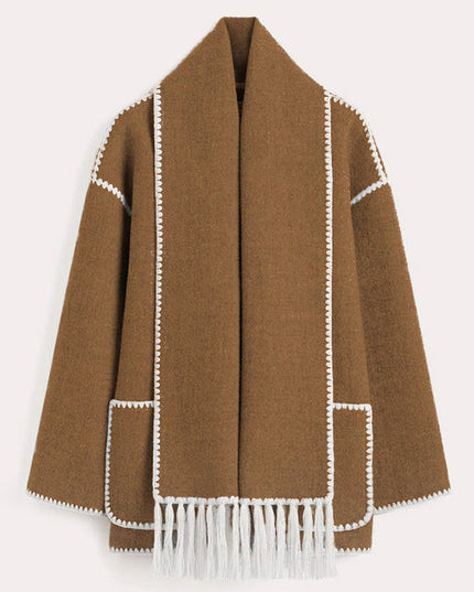 Women's Wrap-Collar Cape Coat with Fringed Trim