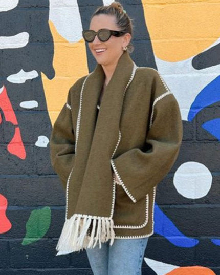 Women's Wrap-Collar Cape Coat with Fringed Trim