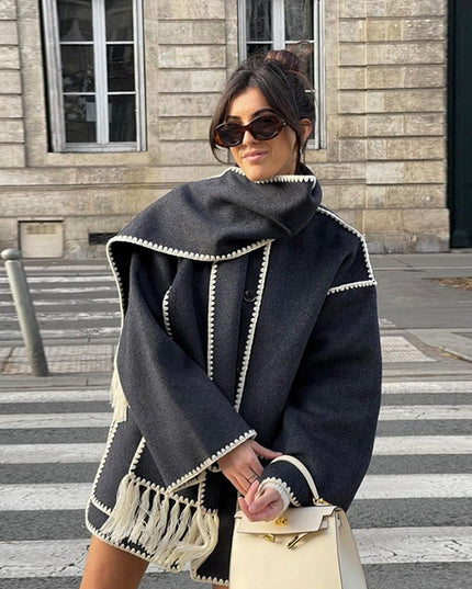 Women's Wrap-Collar Cape Coat with Fringed Trim