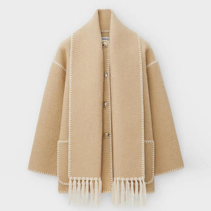 Women's Wrap-Collar Cape Coat with Fringed Trim