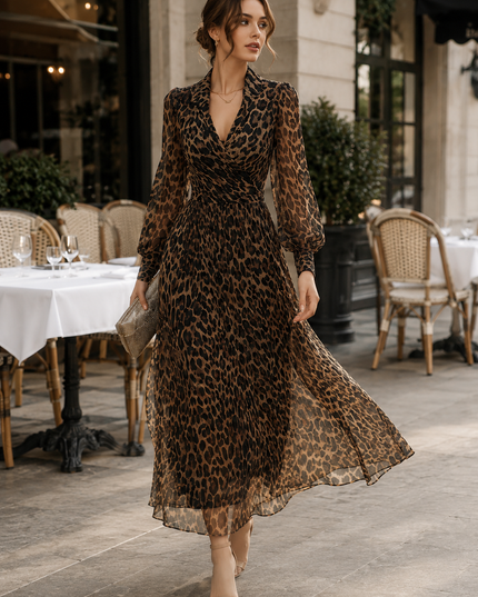 Women's Wrap-Front Maxi Dress with a Leopard Print