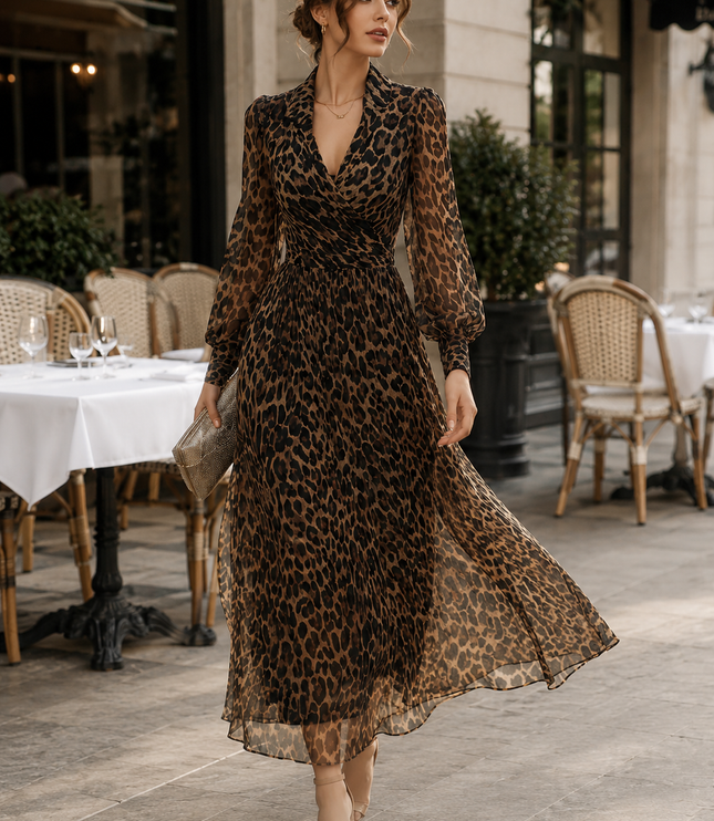 Women's Wrap-Front Maxi Dress with a Leopard Print