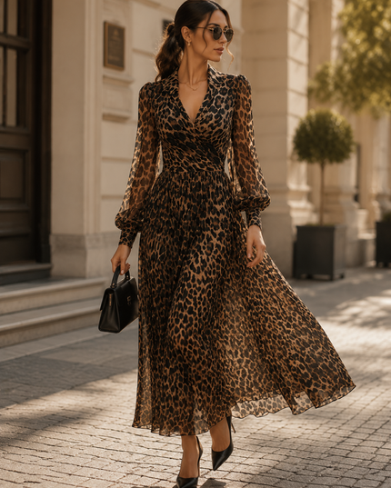Women's Wrap-Front Maxi Dress with a Leopard Print