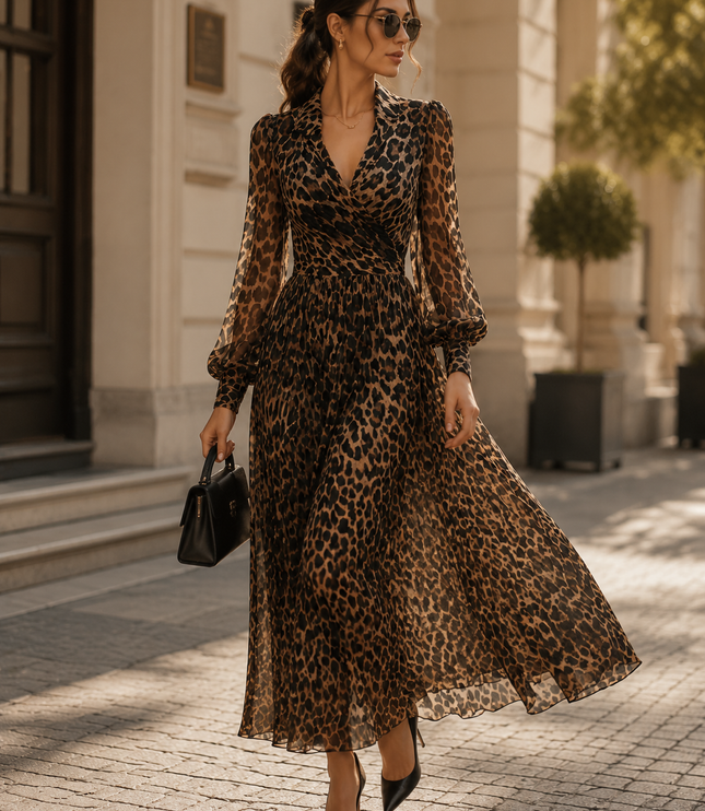 Women's Wrap-Front Maxi Dress with a Leopard Print
