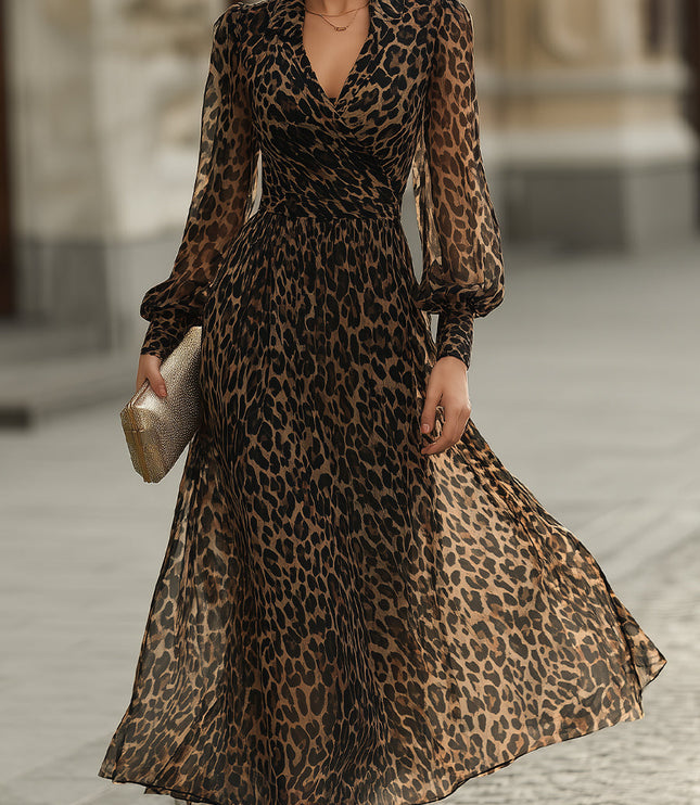 Women's Wrap-Front Maxi Dress with a Leopard Print