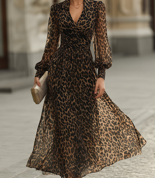 Women's Wrap-Front Maxi Dress with a Leopard Print