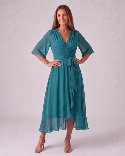 Women's Wrap V-Neck Elbow Sleeve Wedding Guest Midi Dress