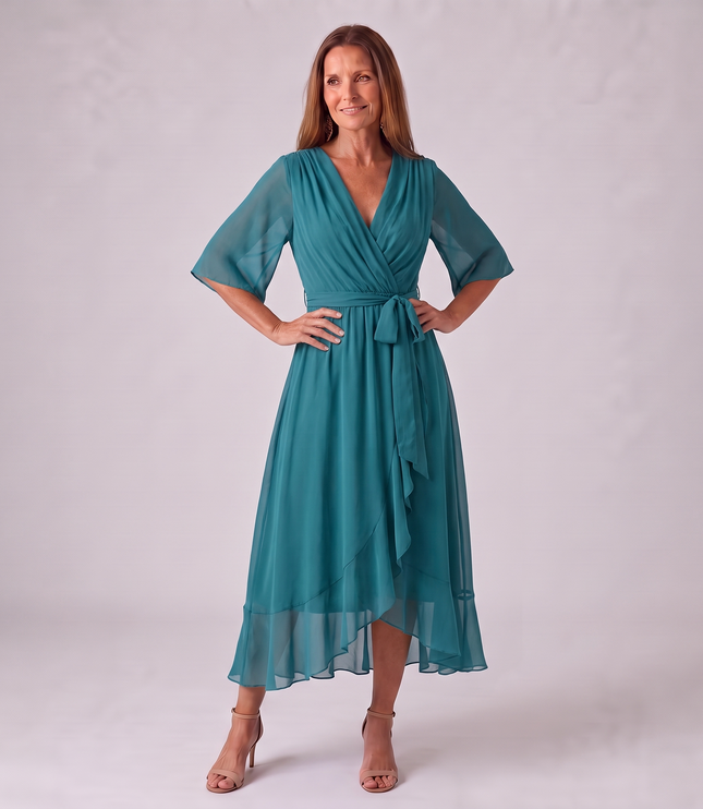 Women's Wrap V-Neck Elbow Sleeve Wedding Guest Midi Dress