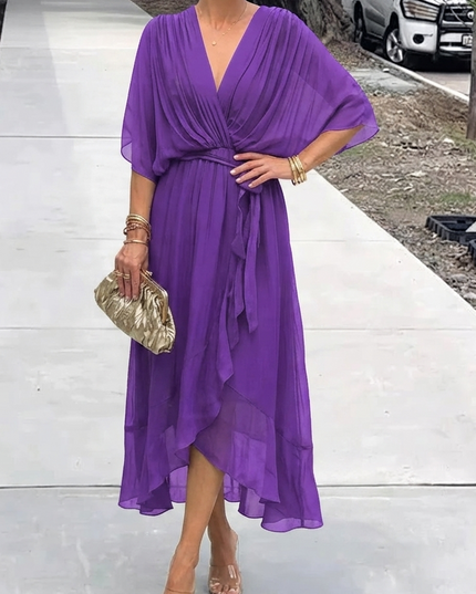 Women's Wrap V-Neck Elbow Sleeve Wedding Guest Midi Dress
