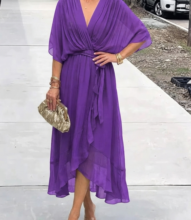Women's Wrap V-Neck Elbow Sleeve Wedding Guest Midi Dress