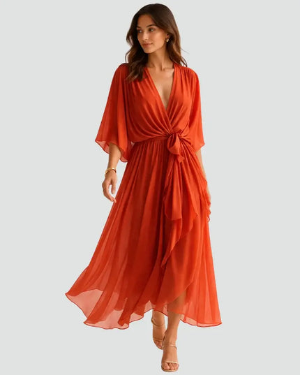 Women's Wrap V-Neck Elbow Sleeve Wedding Guest Midi Dress