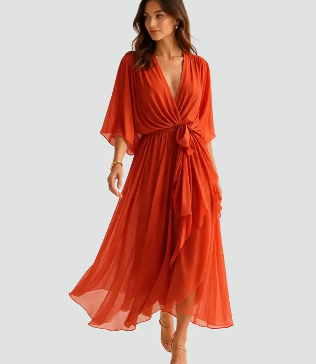 Women's Wrap V-Neck Elbow Sleeve Wedding Guest Midi Dress