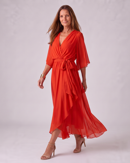 Women's Wrap V-Neck Elbow Sleeve Wedding Guest Midi Dress