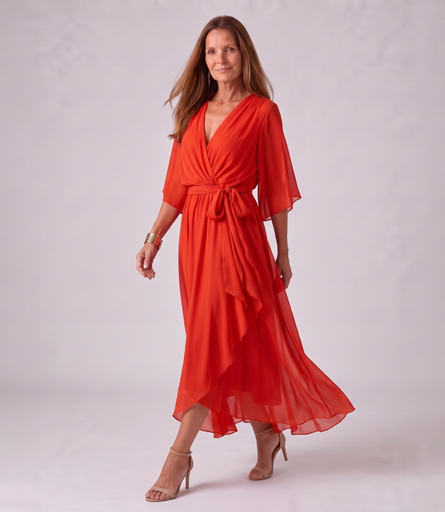 Women's Wrap V-Neck Elbow Sleeve Wedding Guest Midi Dress