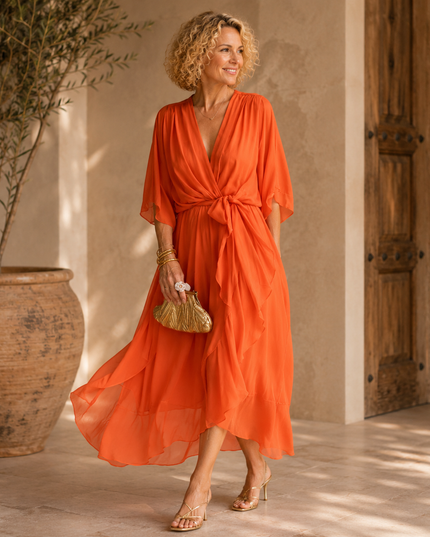 Women's Wrap V-Neck Elbow Sleeve Wedding Guest Midi Dress