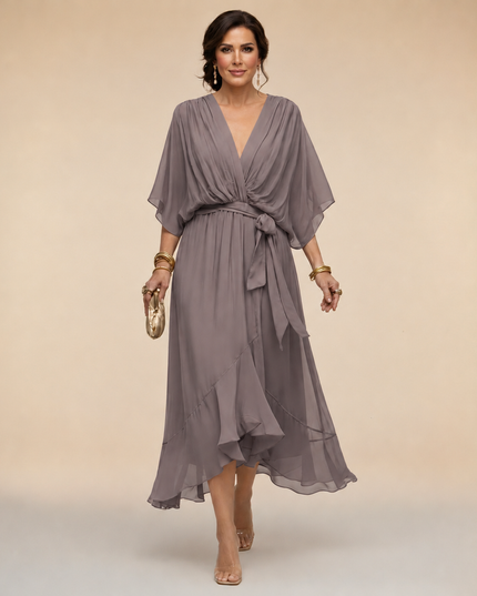 Women's Wrap V-Neck Elbow Sleeve Wedding Guest Midi Dress