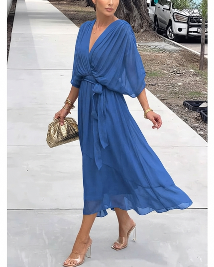 Women's Wrap V-Neck Elbow Sleeve Wedding Guest Midi Dress