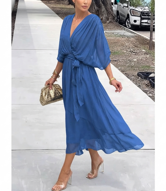 Women's Wrap V-Neck Elbow Sleeve Wedding Guest Midi Dress