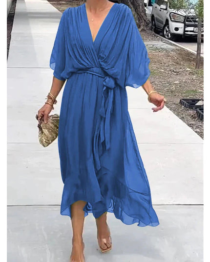 Women's Wrap V-Neck Elbow Sleeve Wedding Guest Midi Dress