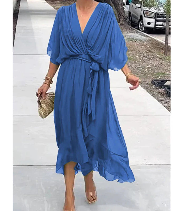 Women's Wrap V-Neck Elbow Sleeve Wedding Guest Midi Dress
