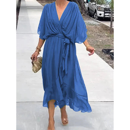 Women's Wrap V-Neck Elbow Sleeve Wedding Guest Midi Dress