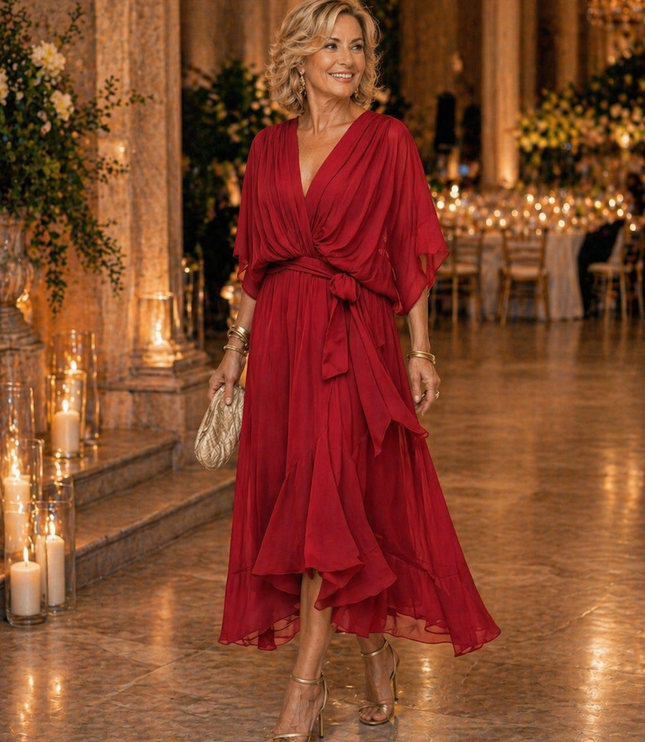 Women's Wrap V-Neck Elbow Sleeve Wedding Guest Midi Dress
