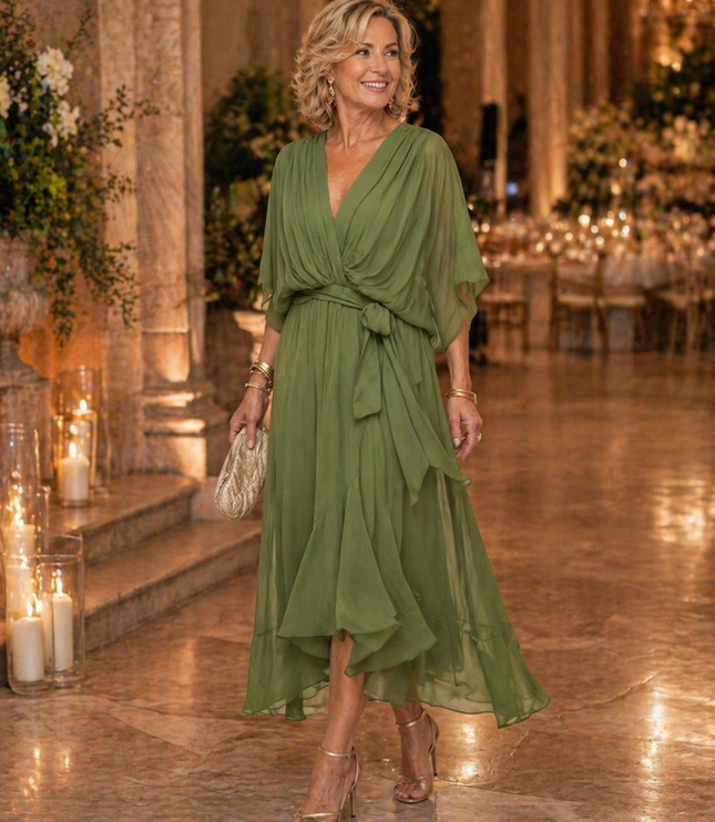 Women's Wrap V-Neck Elbow Sleeve Wedding Guest Midi Dress