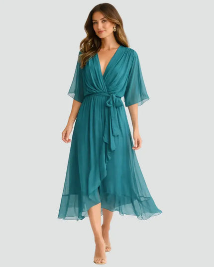 Women's Wrap V-Neck Elbow Sleeve Wedding Guest Midi Dress