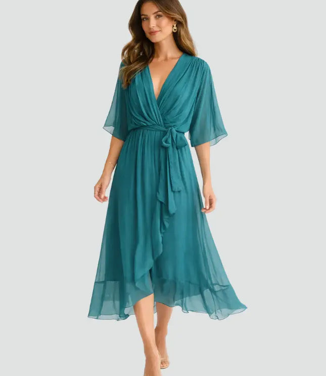 Women's Wrap V-Neck Elbow Sleeve Wedding Guest Midi Dress