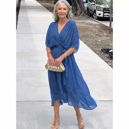 Women's Wrap V-Neck Elbow Sleeve Wedding Guest Midi Dress