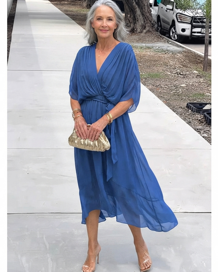 Women's Wrap V-Neck Elbow Sleeve Wedding Guest Midi Dress