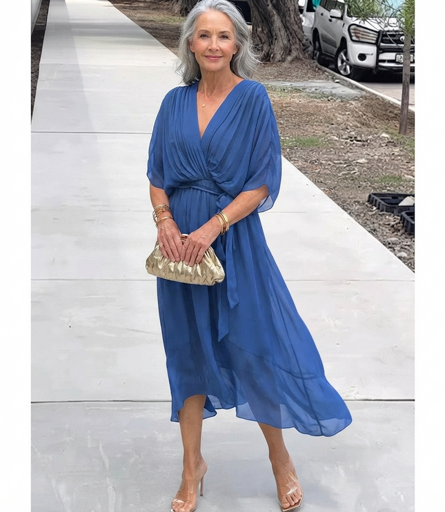Women's Wrap V-Neck Elbow Sleeve Wedding Guest Midi Dress