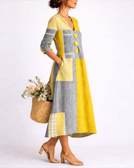 Women's Yellow and Gray Button-Front Dress