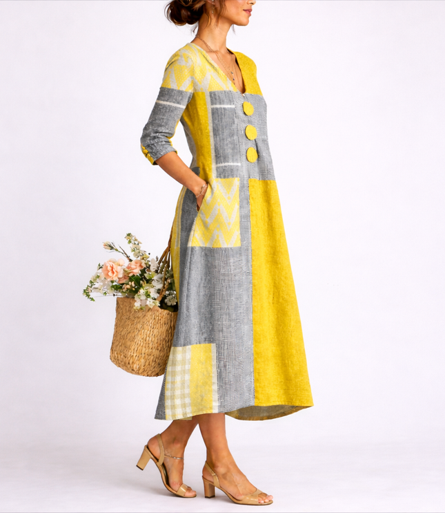 Women's Yellow and Gray Button-Front Dress