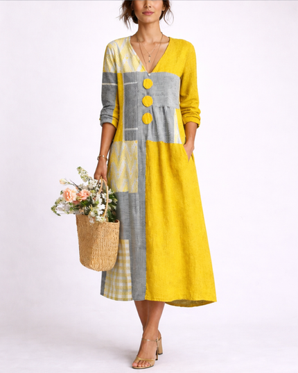 Women's Yellow and Gray Button-Front Dress