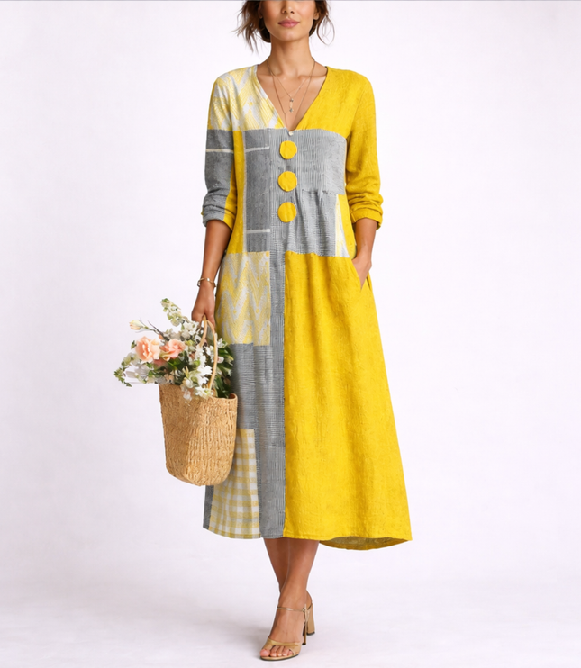 Women's Yellow and Gray Button-Front Dress