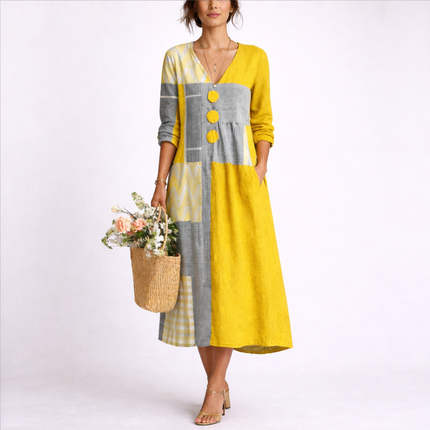 Women's Yellow and Gray Button-Front Dress