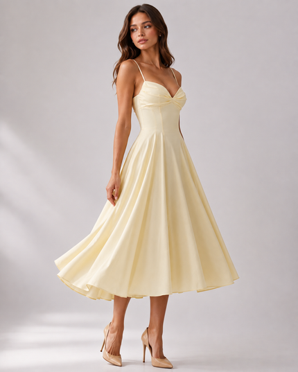 Women's Yellow Floral V-Neck Wedding Guest Midi Dress